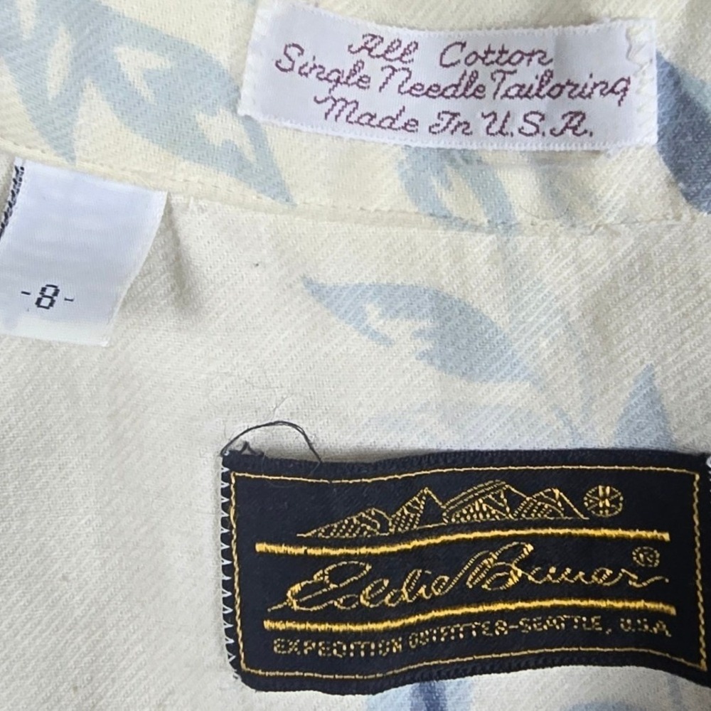 Vtg Eddie Bauer Men's White Blue Floral Camp Shirt Single Needle USA Size S - Picture 3 of 7